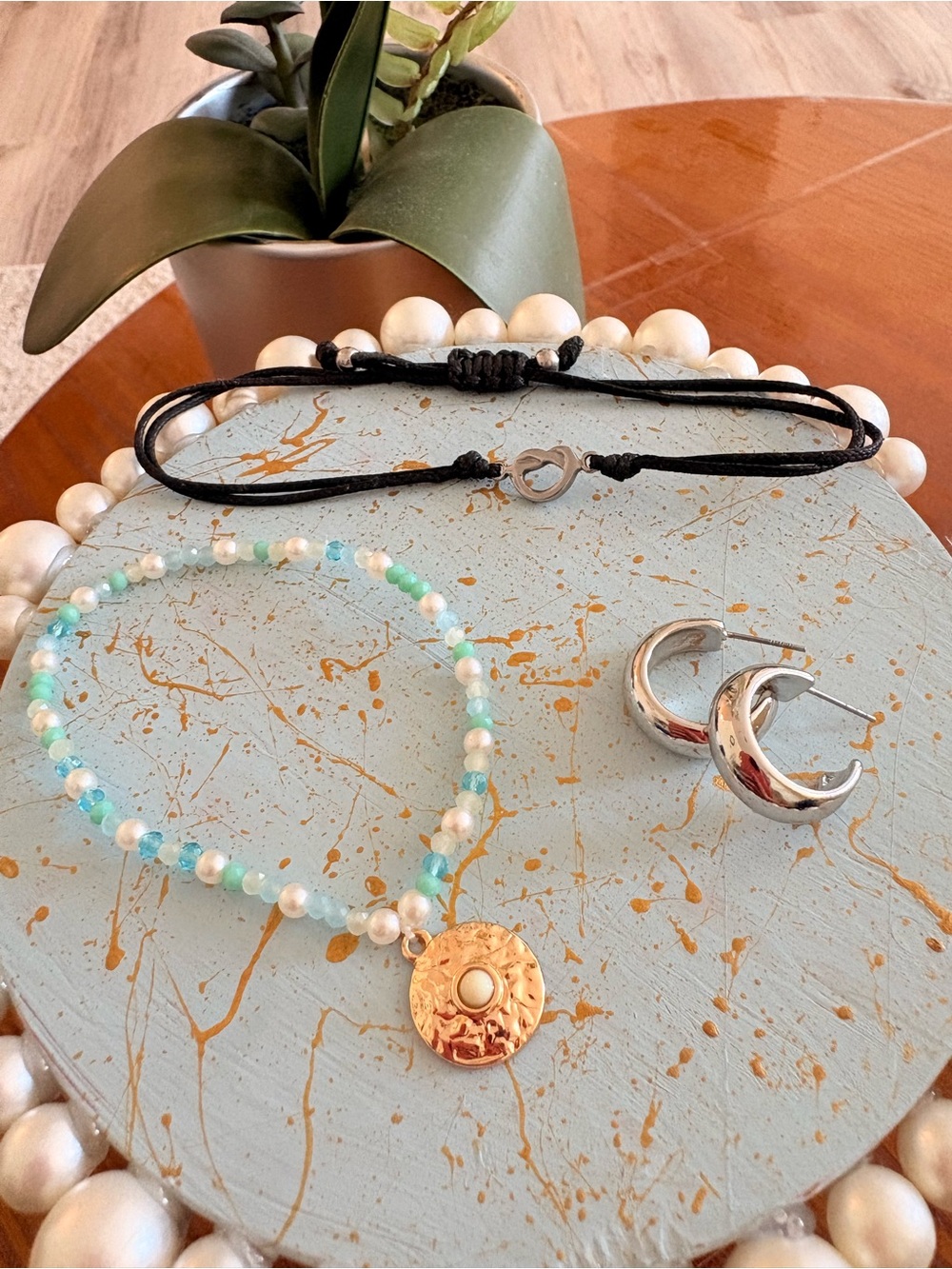 Handmade Aqua & Pearl Beaded Bracelet with Gold Sun Medallion